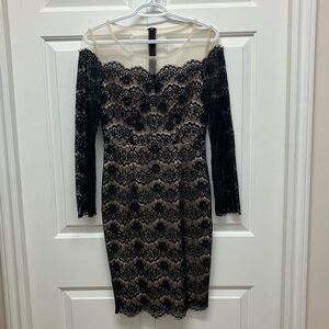 Cocktail or evening dress, stretch lace, sheer mesh neckline, knee length, black